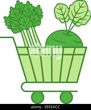 Green Organic Market Icon. Vector Icon of Trolley with Products. Natural and Environmentally Friendly Product. Organic Farming Concept Stock Vector