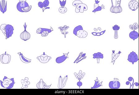Colored Set of Vegetables Icons. Organic Products. Vector Icons of Tomato, Cucumber, Corn, Cabbage, Pepper, Potatoes, Radishes, Spinach, and More Stock Vector