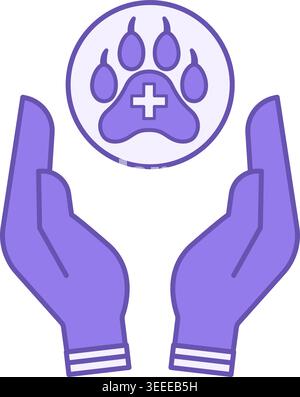 Pet Care Color Icon. Vector Icon. Animal Paw with Cross and Human Hands. Help Animals, Volunteer, or Donate Stock Vector