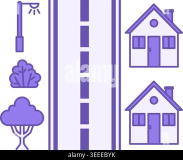 Colored Street Icon. Vector Icon. Houses Along Highway, Trees, and Street Light. Road Concept Stock Vector