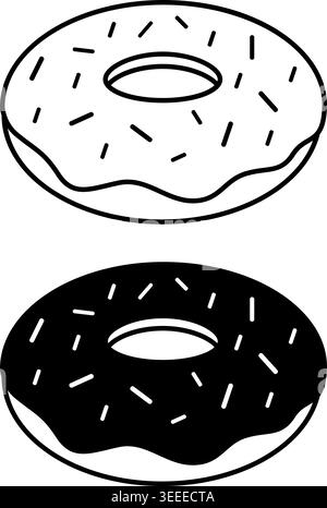 Donut Icons. Black and White Vector Illustration. Round Fried Bakery Product with Icing. Tasty Food. Fast Food Concept Stock Vector