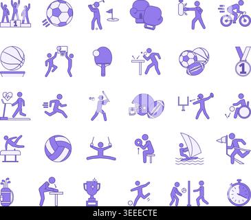 Colored Sports Icon Set. Vector Icons of Football, Basketball, Volleyball, Table Tennis, Boxing, Baseball, Golf, Parasports, Water Sports, and More Stock Vector