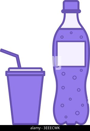 Colored Soda Icon. Vector Illustration. Carbonated Drink Bottle and Plastic Cup with Straw. Carbonated Soft Drink. Fast Food Concept Stock Vector