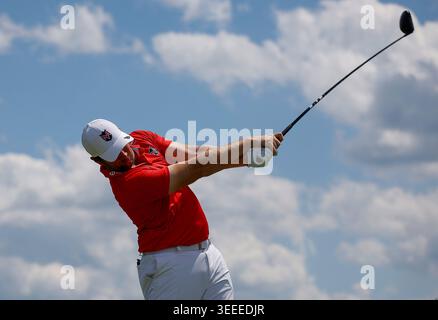 Sterling, Virginia, USA. 10th May, 2026. Sam Horsfield tees off on the 4th hole during the final round of the LIV Golf Virginia on the Trump National Golf Club in Sterling, Virginia. Justin Cooper/CSM/Alamy Live News Stock Photo