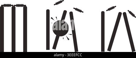 Cricket Wicket Hit Sequence Silhouette Set. Stumps and Bails Destruction Phases. Ball Hitting Target. Isolated Black Vector Illustration on white Stock Vector