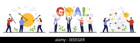 Business people team aiming target, solving problems, achieving goal letters, teamwork, success, strategy, motivation, flat design, isolated on white background vector illustration Stock Vector