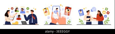 HR managers reviewing CV profiles on laptop and mobile, choosing candidates then shaking hands after successful job interview, modern flat style isolated on white background vector illustration Stock Vector
