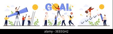 Business people setting goals, planning strategy, supporting teamwork, and achieving success with checklist steps and target icons, flat style isolated on white background vector illustration Stock Vector