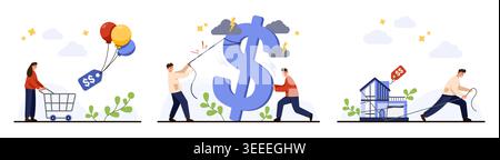 People struggling with inflation, rising prices and economic crisis, pushing dollar sign, expensive shopping cart and costly house mortgage isolated on white background vector illustration Stock Vector