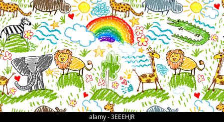 Seamless rainbow pattern children's drawings of African animals. Hand drawn. Not AI, vector illustration. Stock Vector