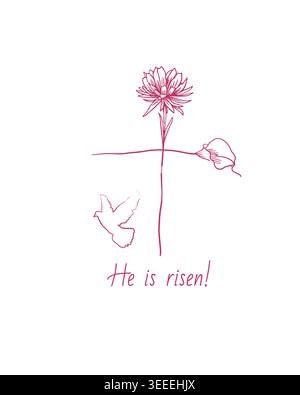 A simple religious cross made of two flowers in one line . Hand drawn. Not AI, vector illustration Stock Vector