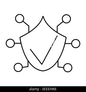 Shield pictograms with electronic chip symbol. Vector line illustration for cybersecurity, verified protection, trusted hardware. Stock Vector