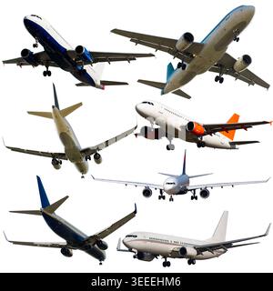 Airplanes flying, collection isolated on white background Stock Photo