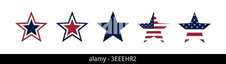 A set of USA star symbols in red, white, and blue, including a star-shaped version of the American flag. US stars on white background Stock Vector