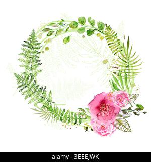 Round frame with vector leaves and pink flowers . Hand drawn. Not AI, vector illustration. Stock Vector