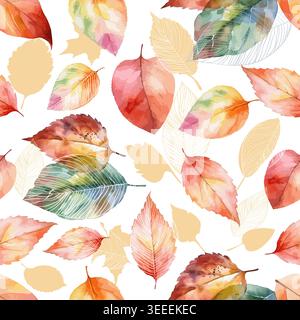 Seamless background with autumn watercolor leaves falling. hand drawing. Not AI. vector pattern. Stock Vector