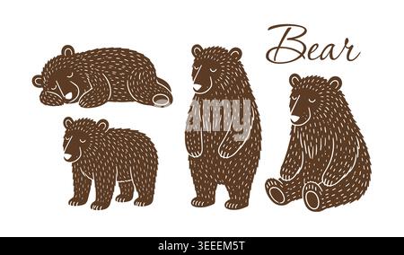 bear in different poses . Hand drawn. Not AI, vector illustration. Stock Vector