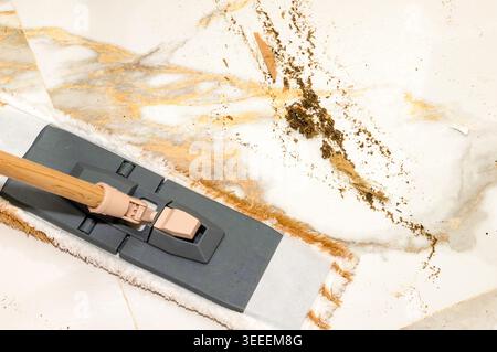 Grouting joints after laying large-format tiles on the floor. Laying floor tiles, cleaning the tiles after filling the joints by the tiler. The tiler Stock Photo