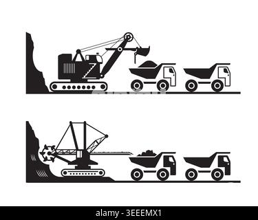 Earth movers loading trucks with ore from open pit - vector illustration Stock Vector