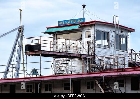 Dubuque, Iowa, USA - April 25, 2026: Weathered pilot house of the historic William M. Black steamboat docked along the Mississippi River in Dubuque Stock Photo