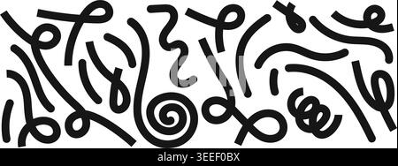Set of curvy lines painted by black brush or charcoal chalk. Squiggles, spirals and loops in trendy spline style. Organic doodle figures isolated on white background. Vector graphic illustration. Stock Vector