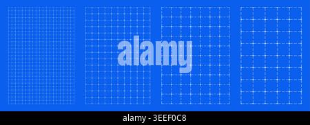 Blueprint grid set rounded dashed geometry, four scale variations. Wide medium dense micro spacing comparison, engineering layouts dashboards notebook pages interface planning systems graphics.  Stock Vector