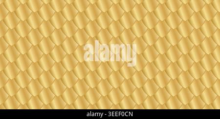 Golden scale pattern. Gold dragon, lizard or snake skin or fish squama texture. Shining medieval armor background. Tile roofing design. Luxury mermaid tail print. Vector graphic illustration. Stock Vector
