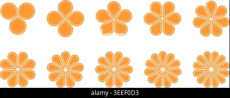 Simple orange flower shapes with petals from 3 to 12. Geometric floral silhouettes isolated on white background. Vector flat illustration. Stock Vector