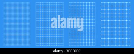 Blueprint grid set circle node geometry, four scale variations. Wide medium dense micro spacing comparison, engineering layouts dashboards notebook pages interface planning systems technology graphics Stock Vector