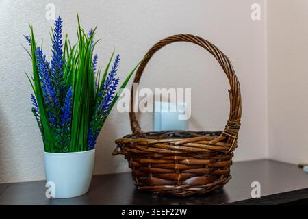 Potted Lavender On Dark Shelf, Minimalist Styling With Wicker Basket And Ceramic Pot, Soft Natural Light And Neutral Wall Backdrop, Textured Leaves Stock Photo
