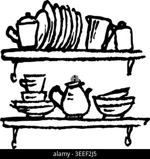 Hand Drawn Kitchen Shelf with Dishes Vector Illustration Stock Vector