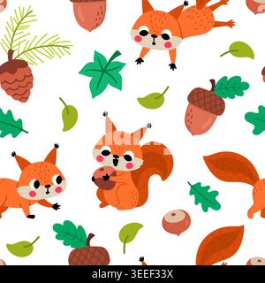 Squirrels seamless pattern for kids. Vector woodland repeat background with forest animals, acorns, nuts, leaves, cones. Cute digital paper with sunny Stock Vector