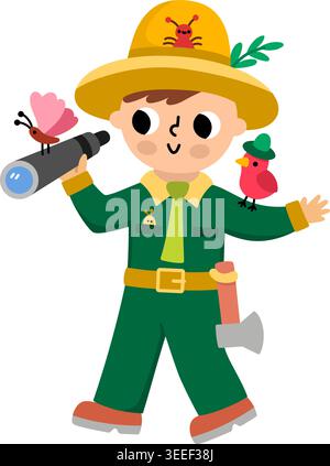Vector cartoon forest ranger in green costume standing with telescope. Cute woodland guard with bird, butterfly, spyglass isolated on white background Stock Vector