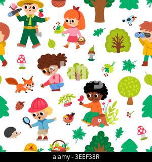 Forest seamless pattern with kids. Vector woodland repeat background with curious children explorers, naturalists, animals, birds, trees, plants, rang Stock Vector