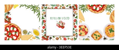 Italian food frame and card set vector illustration. Hand drawn mushroom pizza top view background. Red tomato cherry pasta for restaurant menu design. Mediterranean cooking kitchen delivery template. Stock Vector