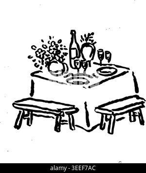 Hand Drawn Dinner Table for Two Vector Line Art Stock Vector
