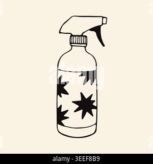 Vector line art of a cleaning spray bottle with a decorative star pattern. Hand drawn doodle of a household chemical or DIY eco cleaner container for Stock Vector