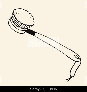 Hand drawn vector illustration of a wooden dish brush with natural bristles. Minimalist eco friendly kitchen tool icon in a trendy line art style Stock Vector