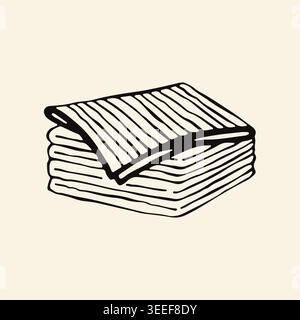Hand drawn vector illustration of a stack of folded microfiber cloths or towels. Minimalist sketch of textile household linens perfect for cleaning Stock Vector