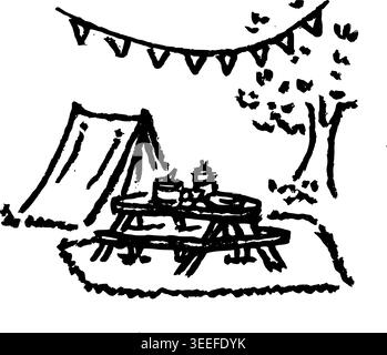 Hand Drawn Picnic Bench Scene Vector Drawing Stock Vector