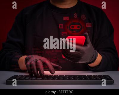 Cybercriminal or scammer using smartphone with AI bot interface and online scam icons. Automated scam, AI driven cyber fraud, bot hacking, identity th Stock Photo