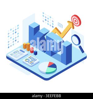 Isometric KPI Analytics Dashboard with Business Growth Charts. Business KPI Concept Stock Vector
