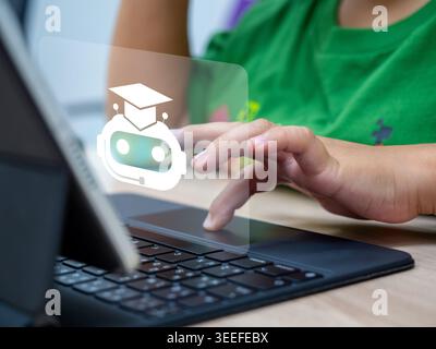 Child using tablet or laptop with AI tutor interface. AI education, smart learning, edtech innovation, interactive knowledge, online education and dig Stock Photo