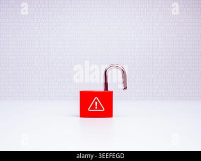 Red open padlock with warning symbol on white background with binary code. Security breach, data vulnerability, cyber risk, system failure and unautho Stock Photo