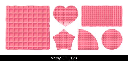 Waffle pink round biscuit for belgian dessert, tasty wafer texture icon. Square strawberry stroopwafel and star candy baked food, pattern background Stock Vector
