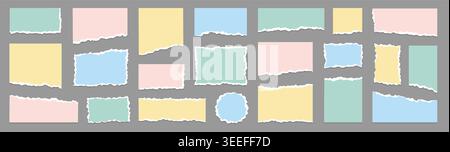 Paper torn note texture set. Hand drawn paper torn note with edge tear rip frame old sheet. Pink blue green yellow scrapbook memo vintage picture border realistic background. Vector illustration Stock Vector