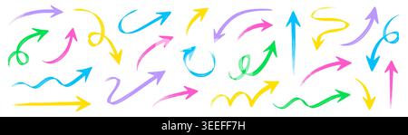 Arrow pencil color crayon brush set. Hand drawn arrow line chalk sketch doodle scribble crayon charcoal texture. Colorful school chalkboard note check up curve wave childish. Vector illustration Stock Vector