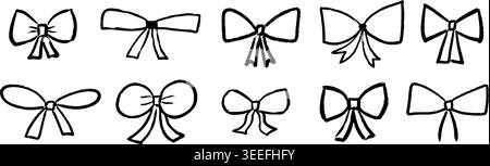 Crayon hand drawn bow collection. Doodled ribbon bows set. Textured scribbled brush stroke element pack for gift, present, package decor, hair accessory. Vector sketch chalk pastel tied knot bundle Stock Vector