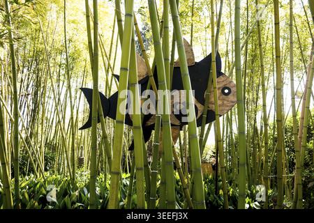 Botanical garden with sculptures in spring, bamboo forest, artist Francesco Levi, Light Garden, Andre Heller, Gardone Riviera, Lake Garda, Lake Garda Stock Photo