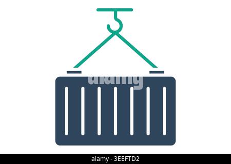 Container solid icon. Logistic icon of a large intermodal shipping container being lifted by a crane hook, representing heavy freight, maritime transp Stock Vector